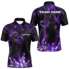 Maxcorners Custom Purple Flame Grim Reaper Bowling Polo Shirts For Men, Halloween Bowling Outfit TU1908