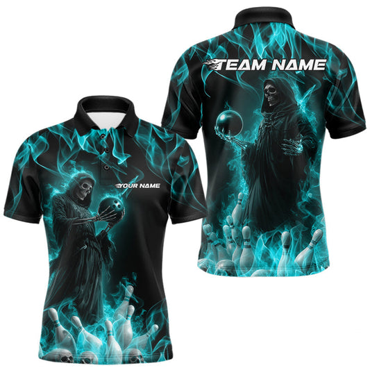 Maxcorners Custom Turquoise Blue Flame Grim Reaper Bowling Men Polo Shirts, Halloween Bowling Outfit LM1203