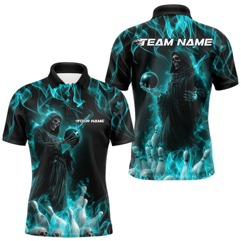 Maxcorners Custom Turquoise Blue Flame Grim Reaper Bowling Men Polo Shirts, Halloween Bowling Outfit TU1908