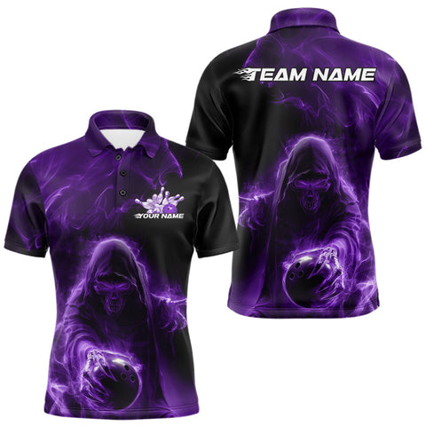 Maxcorners Custom Black And Purple Smoke Flame Grim Reaper Halloween Bowling Men Polo Shirts TU1908