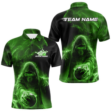 Maxcorners Custom Black And Green Smoke Flame Grim Reaper Halloween Bowling Men Polo Shirts LM1203