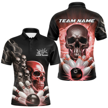 Maxcorners Custom Red Glowing Ghostly Skull Bowling Polo Shirts For Men, Halloween Bowlers Outfit LM1203