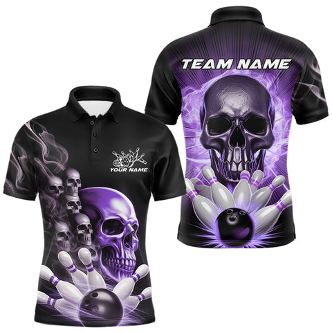 Maxcorners Custom Purple Glowing Ghostly Skull Bowling Polo Shirts For Men, Halloween Bowlers Outfit TU2107