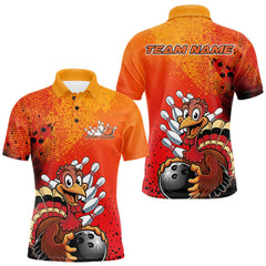 Maxcorners Custom Funny Orange Turkey Bowling Team Men Polo Shirts, Thanksgiving Bowling Outfit LM2608