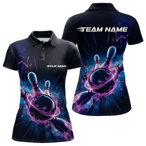 Maxcorners Custom Galaxy Blue And Purple Flame Bowling Polo Shirt For Men, Bowling League Team Uniform LM2707
