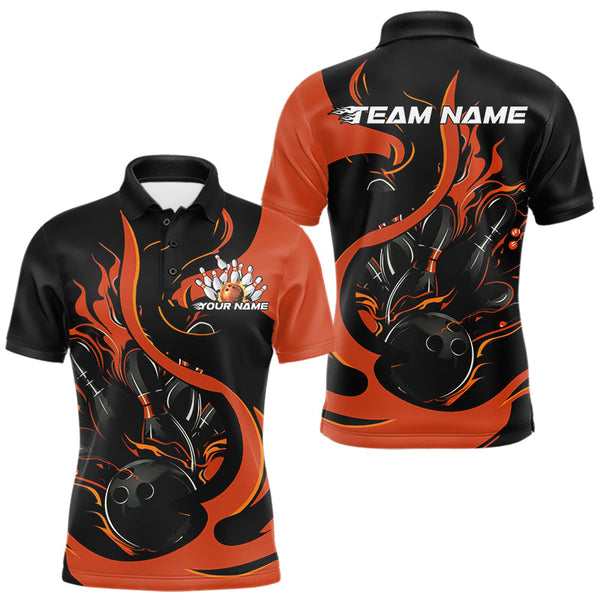 Maxcorners Custom Black And Orange Flame Bowling Polo Shirts For Men, Bowling Tournament Team Uniform LM0706