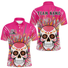 Maxcorners Custom Pink Sugar Skull Bowling Team Polo Shirts For Men, Halloween Bowlers Outfit LM0706