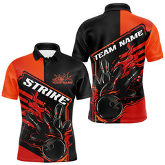 Maxcorners Custom Red Orange Flame Strike Bowling Polo Shirts For Men, Fire Bowling League Shirt MT1006