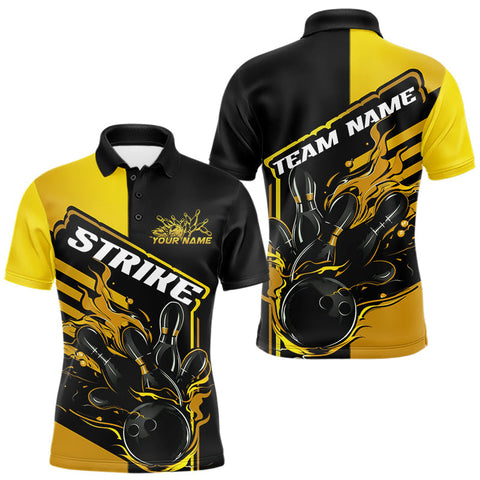 Maxcorners Custom Black And Gold Flame Strike Bowling Polo Shirts For Men, Fire Bowling League Shirt MT1006