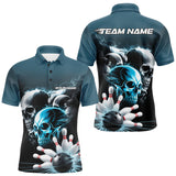 Maxcorners Custom Teal Blue Smoke Skull Bowling Polo Shirts For Men, Ghostly Halloween Bowling Outfit TU2107