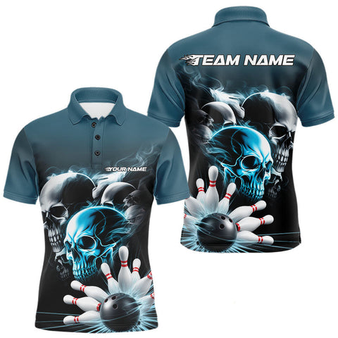 Maxcorners Custom Teal Blue Smoke Skull Bowling Polo Shirts For Men, Ghostly Halloween Bowling Outfit TU2107