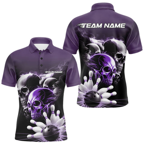 Maxcorners Custom Purple Smoke Skull Bowling Polo Shirts For Men, Ghostly Halloween Bowling Outfit TU2107