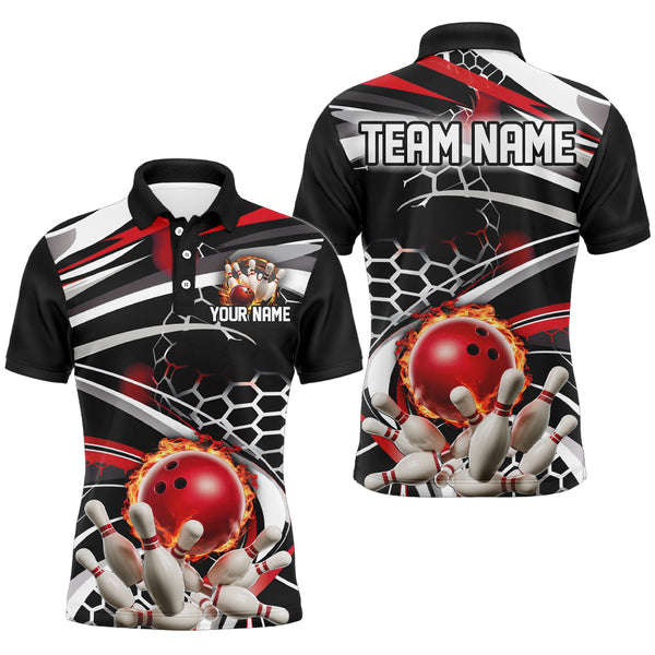 MaxCorners Bowling And Pins Red And Black Customized Name, Team Name 3D Polo Shirt Unisex