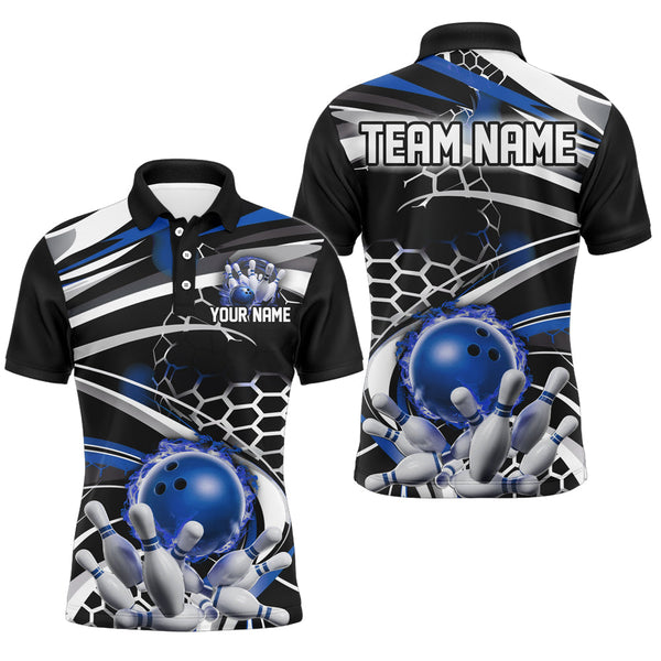 MaxCorners Bowling And Pins Blue And Black Customized Name, Team Name 3D Polo Shirt Unisex