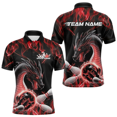 Maxcorners Custom Black And Red Fire Flame Dragon Bowling Polo Shirt For Men, Dragon Bowling Jersey TU0909