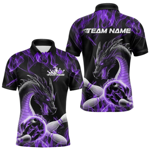 Maxcorners Custom Black And Purple Fire Flame Dragon Bowling Polo Shirt For Men, Dragon Bowling Jersey TU0909