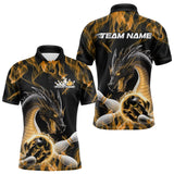 Maxcorners Custom Black And Gold Fire Flame Dragon Bowling Polo Shirt For Men, Dragon Bowling Jersey TU0909
