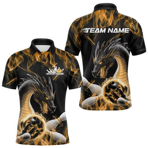 Maxcorners Custom Black And Gold Fire Flame Dragon Bowling Polo Shirt For Men, Dragon Bowling Jersey TU0909