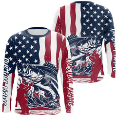 Maxcorners Custom Patriotic Largemouth Bass Long Sleeve Fishing Shirt, American Flag Fishing Jerseys LM0607