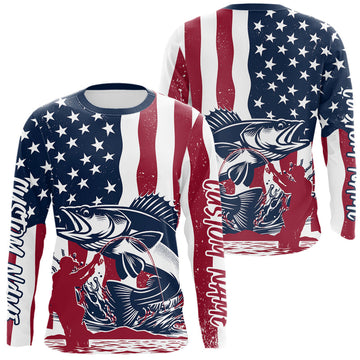 Maxcorners Custom Patriotic Walleye Long Sleeve Fishing Shirt, American Flag Fishing Jersey LM0201