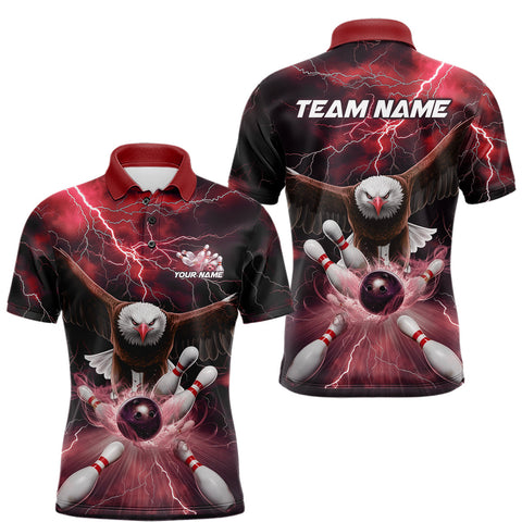 Maxcorners Custom Red Thunder Lightning Eagle Bowling Polo Shirts For Men, Eagle Bowling Jerseys LM1008