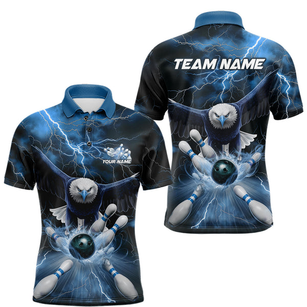 Maxcorners Custom Blue Thunder Lightning Eagle Bowling Polo Shirts For Men, Eagle Bowling Jerseys LM1008