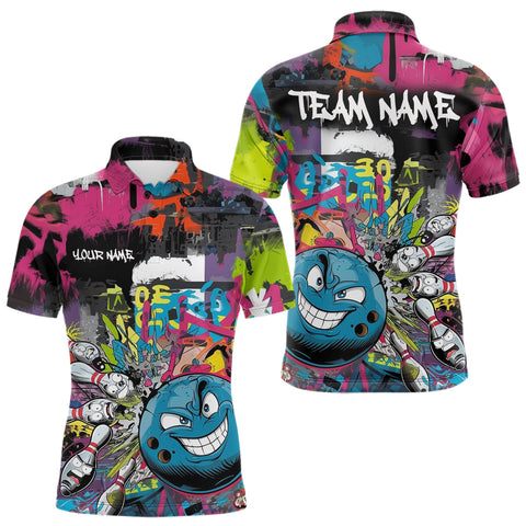 Maxcorners Custom Funny Graffity Colorful Bowling Polo Shirts For Men, Bowling Tournament Shirt LM3006
