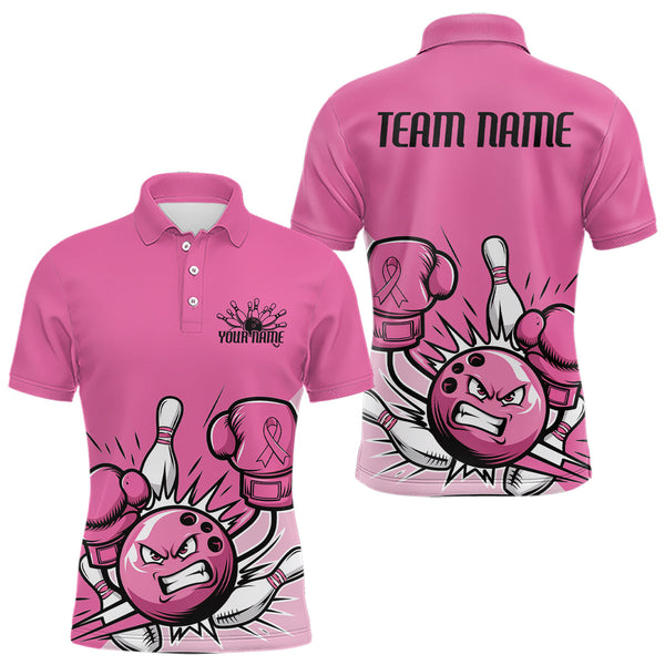 Maxcorners Custom Funny Pink Breast Cancer Bowling Men Polo Shirt, Breast Cancer Fighter Jerseys LM3006
