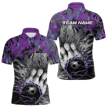 Maxcorners Custom Blue And Purple Fame Bowling Team Polo Shirts For Men, Fire Bowling Jerseys LM2707