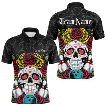 Maxcorners Custom Flower Skull Bowling Team Polo Shirts For Men, Halloween Bowler Outfit LM1203