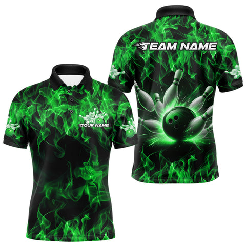 Maxcorners Custom Black And Green Flame Bowling Team Men Polo Shirts, Bowling Tournament Shirt MT2108