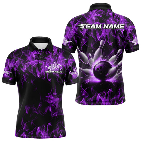 Maxcorners Custom Black And Purple Flame Bowling Team Men Polo Shirts, Bowling Tournament Shirt MT2108