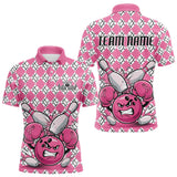 Maxcorners Custom Pink Argyle Pattern Funny Breast Cancer Fighter Bowling Polo Shirts For Men LM3006