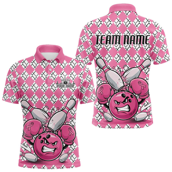 Maxcorners Custom Pink Argyle Pattern Funny Breast Cancer Fighter Bowling Polo Shirts For Men LM3006