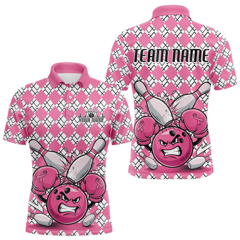 Maxcorners Custom Pink Argyle Pattern Funny Breast Cancer Fighter Bowling Polo Shirts For Men LM3006