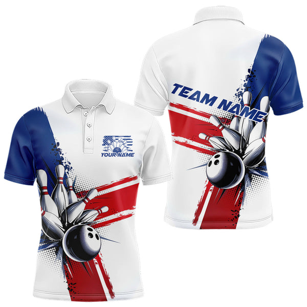 Maxcorners Personalized Red, White And Blue Patriotic US Flag Bowling Polo Shirts For Men Team LM2707