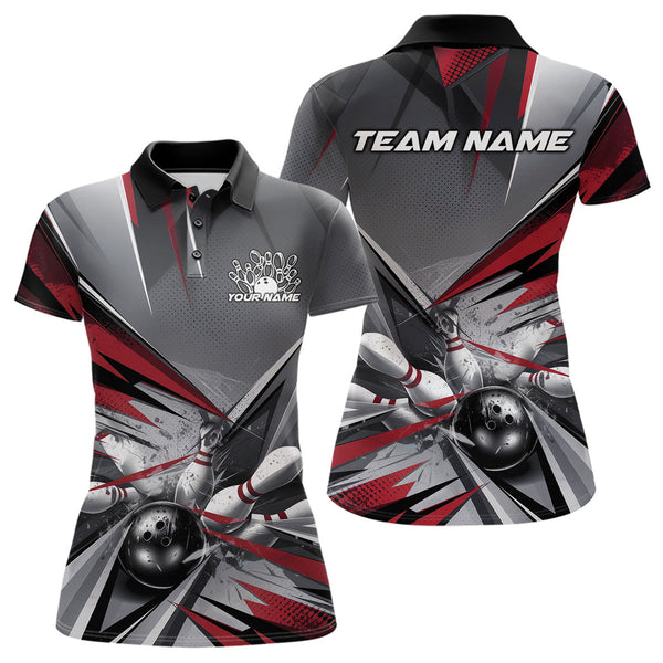Maxcorners Custom Red And Gray Bowling Polo Team Shirts For Men, Bowler Outfit Bowling League Shirt LM2707