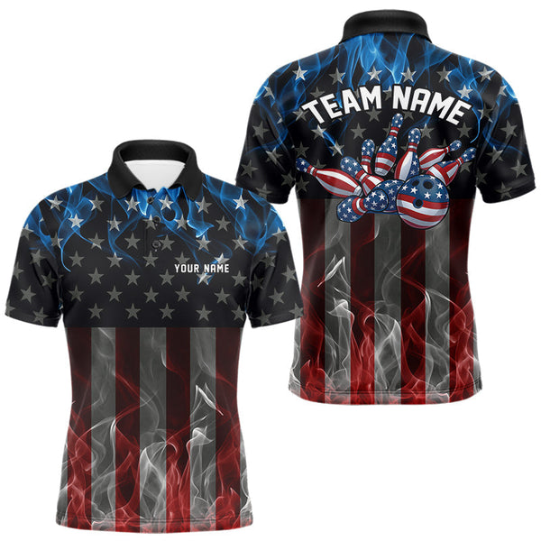 Maxcorners Custom Red And Blue Flame American Flag Patriotic Bowling Men Polo Shirts, Team Uniform TU1908