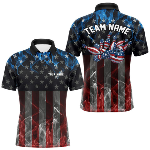Maxcorners Custom Red And Blue Flame American Flag Patriotic Bowling Men Polo Shirts, Team Uniform TU1908