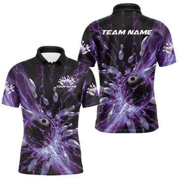 Maxcorners Custom Purple Thunder Lightning Bowling Team Men Polo Shirts, Bowling Jerseys LM1203
