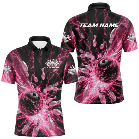 Maxcorners Custom Pink Thunder Lightning Bowling Team Men Polo Shirts, Bowling Jerseys TU1908