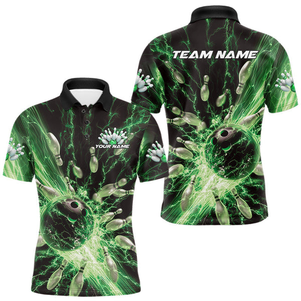 Maxcorners Custom Green Thunder Lightning Bowling Team Men Polo Shirts, Bowling Jerseys TU1908
