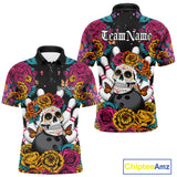 Maxcorners Custom Flower Sugar Skull Bowling Team Polo Shirts For Men, Halloween Bowler Outfit TU1908