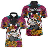 Maxcorners Custom Flower Sugar Skull Bowling Team Polo Shirts For Men, Halloween Bowler Outfit LM3010