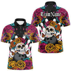 Maxcorners Custom Flower Sugar Skull Bowling Team Polo Shirts For Men, Halloween Bowler Outfit LM3010