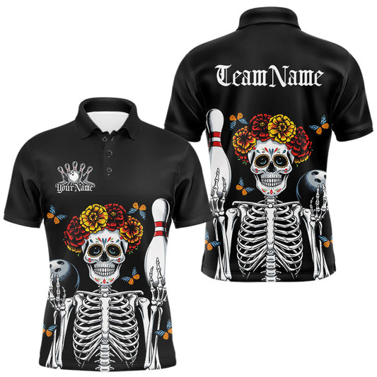 Maxcorners Custom Sugar Skull Bowling Team Men Polo Shirts, Funny Halloween Bowling Outfit LM1203