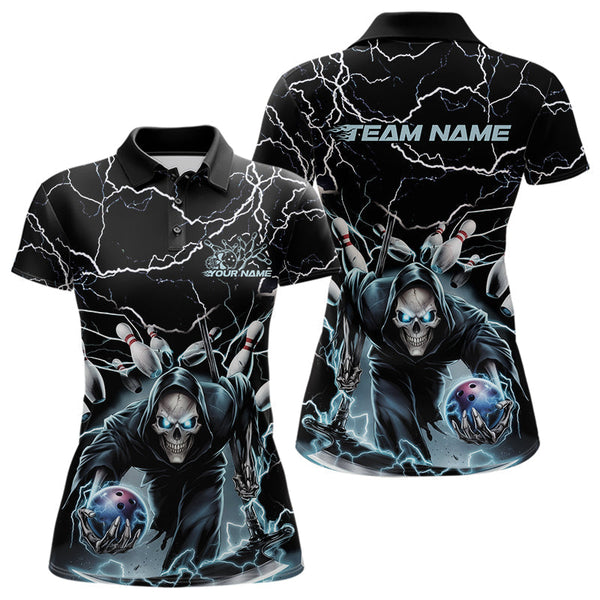 Maxcorners Custom Black And Blue Lightning Grim Reaper Bowling Men Polo Shirt, Halloween Outfit MT0609