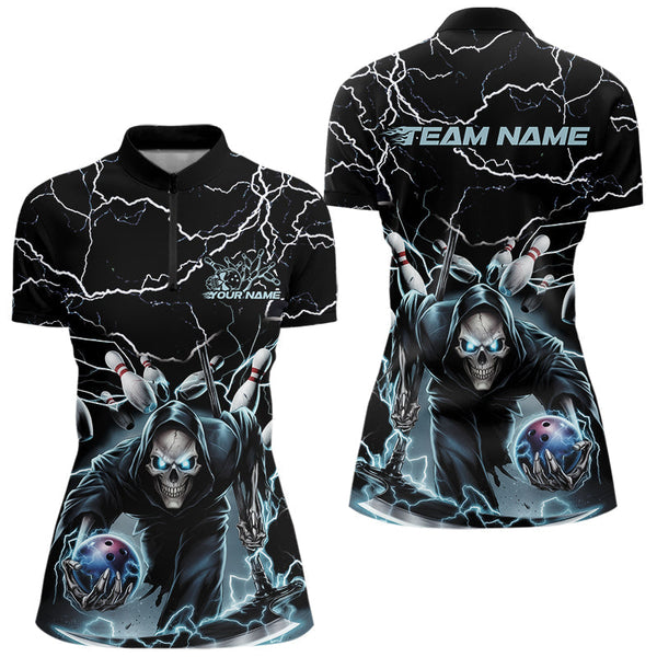 Maxcorners Custom Black And Blue Lightning Grim Reaper Bowling Men Polo Shirt, Halloween Outfit MT0609