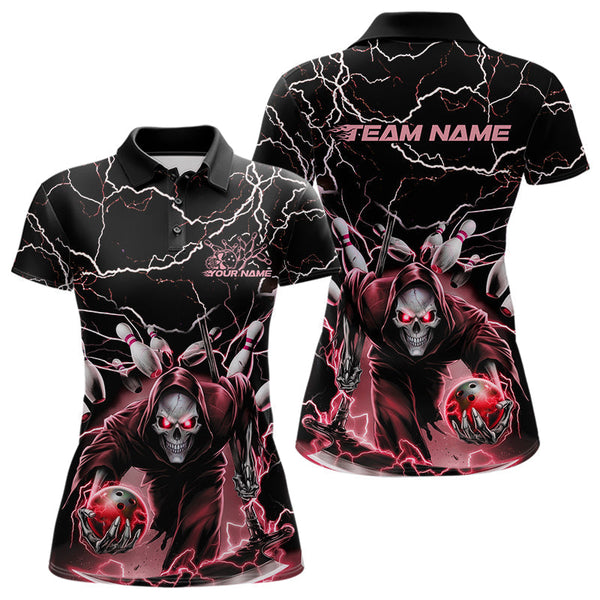 Maxcorners Custom Black And Red Lightning Grim Reaper Bowling Men Polo Shirt, Halloween Outfit MT0609