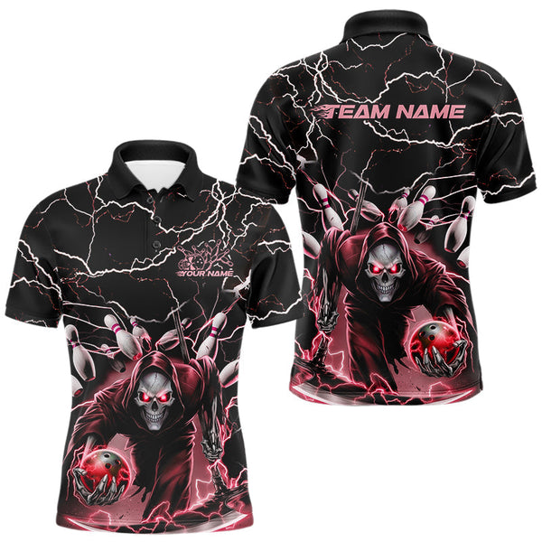 Maxcorners Custom Black And Red Lightning Grim Reaper Bowling Men Polo Shirt, Halloween Outfit MT0609